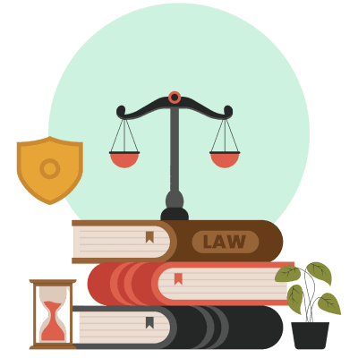 Illustration of scales of justice on law books